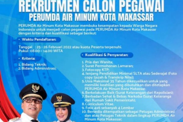 Perumda Air Minum Kota Makassar Buka Rekrutmen Pegawai