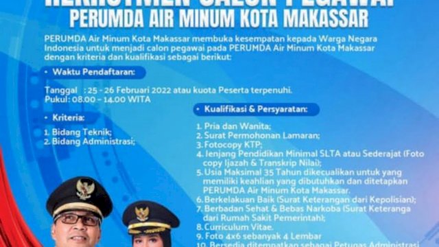 Perumda Air Minum Kota Makassar Buka Rekrutmen Pegawai