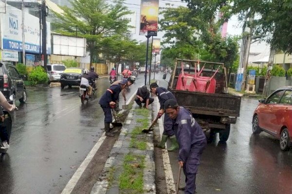 Satgas PU Makassar Sisir Median Jalan Tengah, Lakukan Pembersihan dan Pengecatan